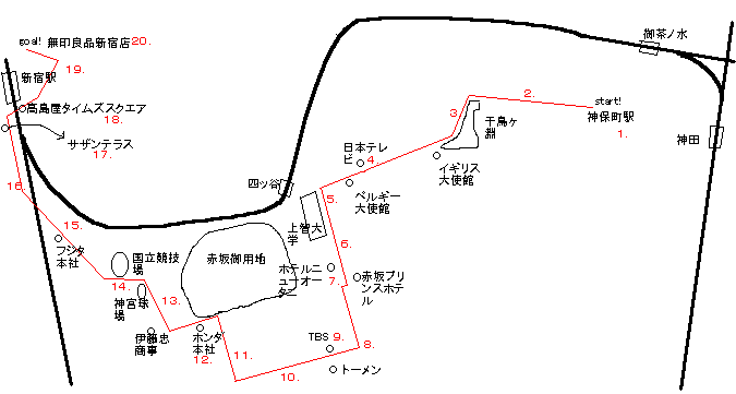 東京横断ヒッチハイクの行程地図